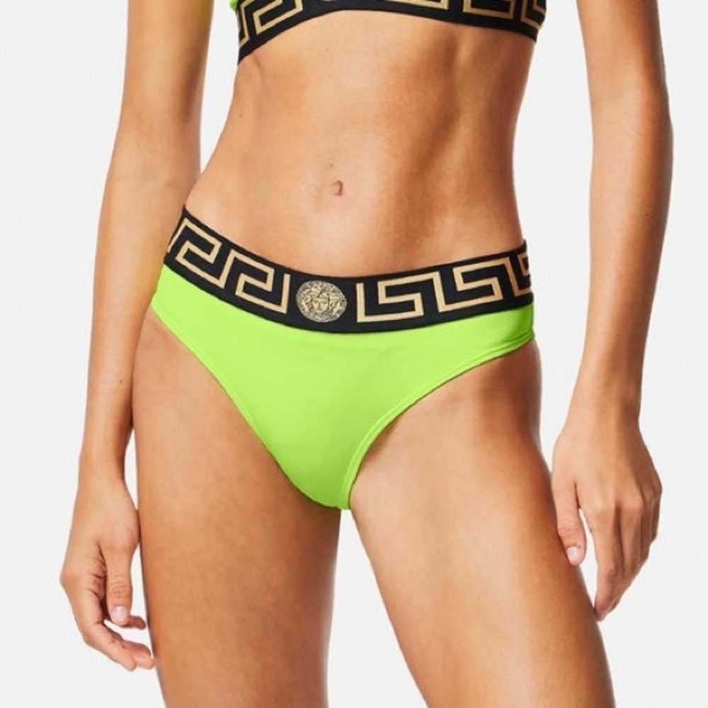 Versace Logo Greca Border Bikini Bottoms Waistband Briefs Acid Yellow Size 3 IT